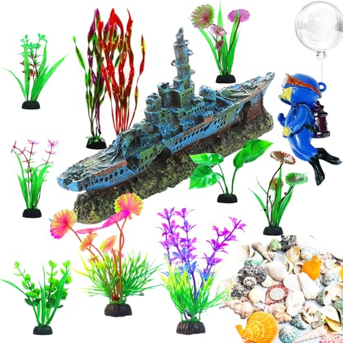 Aquarium Accessories - Resin Sunken Warship Ornament Set, Fish Castle | Betta Fish Hideout Cave, 10 Artificial Aquatic Plants, 30-40 Seashells, 1 Floating Diver, Fish Tank Shipwreck Accessories - color: Warship