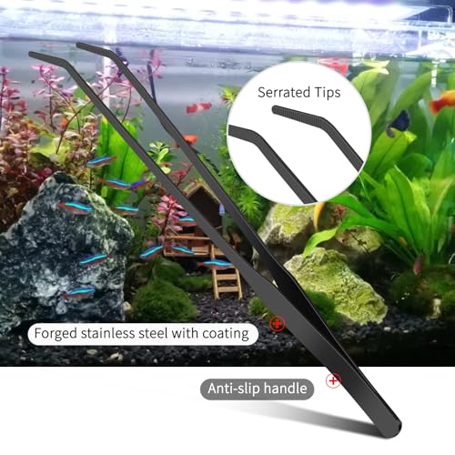 2pc-10.6"Aquarium Tweezers,Stainless Steel Straight and Curved Tweezers Set,Long Handle Reptile Feeding Tongs for Lizards, Bearded Dragon Snake Tank Accessories (Black) - color: Black