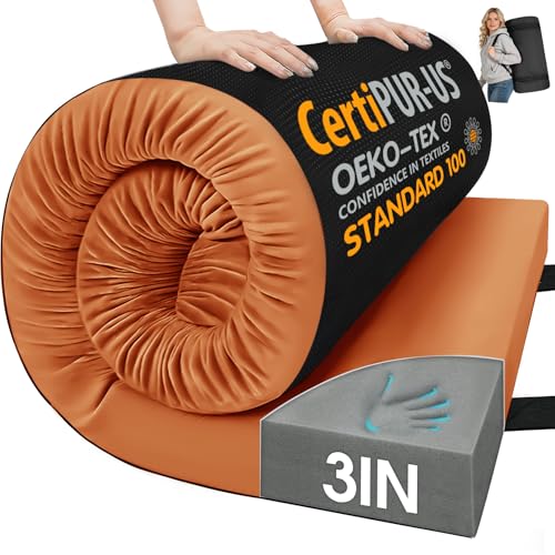 CYMULA 3 Inch Memory Foam Camping Pad, Camping Essentials Roll Up Floor Mat for Car Camping, Cot, Tent, Truck, Travel and Guest Use, Non-Slip Waterproof Bottom, Removable Cover - color: BROWN, size: Twin XL:80*38*3