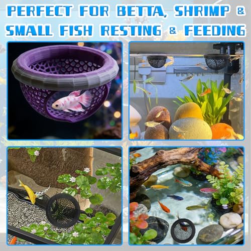 2 Pcs Floating Betta Hammock, 3D Printed Aquarium Betta Fish Hammock with Feeding Ring & Hide Cave, Dual Size Betta Fish Tank Accessories for Betta, Shrimp & Small Fish Resting & Feeding (Black)