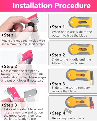 2 Pack Razor Blade Scraper with 10 Plastic and 20 Metal Blades for Removing Paint, Registration Sticker, Grease from Windshield, Glass Top Stove Cooktop Scraper(Pink) - color: Pink-yellow