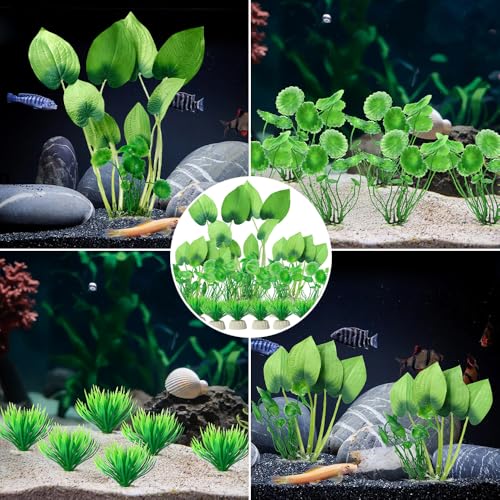 Artificial Aquarium Plants, 15-Piece Plastic Decorative Set, Lifelike Underwater Garden (Green)