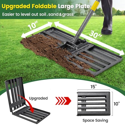 Lawn Leveling Rake with 30"x10" Foldable Curved Ground Plate, Heavy Duty 72" Long Handle Lawn Leveler Tool for Leveling Compost Soil Dirt Sand Grass Peat Moss - style: Foldable 30X10" - 6FT