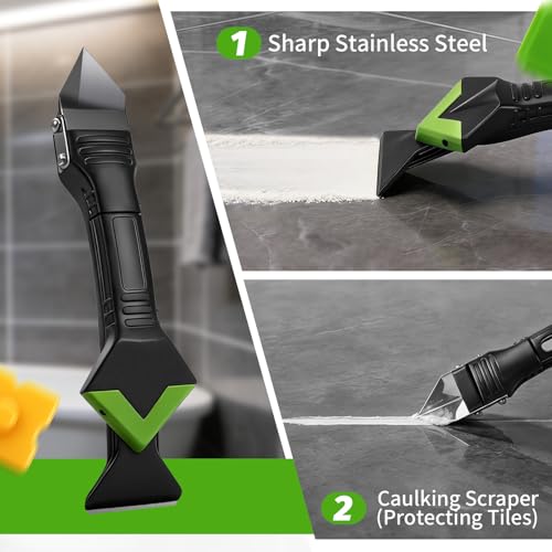 Caulking Tool 5 in 1, Caulk Remover & Silicone Sealant Finishing Kit with Grout Scraper and 6 Silicone Pads, Ideal for Kitchen, Bathroom, and Window Sealing - style: 5 IN 1 with Scraper Set