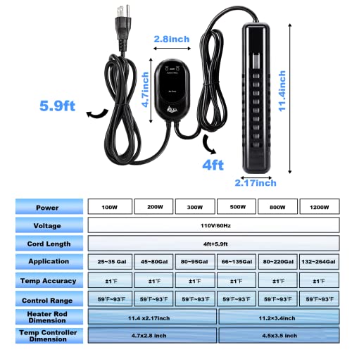 AQQA Submersible Aquarium Heater,100W/200W/300W/500W/800W/1000W/1200W Fish Tank Heater,External Temperature Controller LED Temperature Display,Suitable for Saltwater and Freshwater(100W) - size: 100W (for 25-35 gallon)