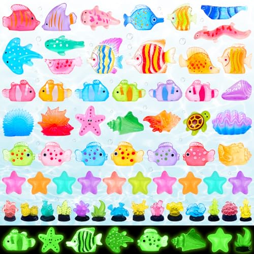 60 Pcs Luminous Mini Resin Ocean Animal Figures Glow in the Dark Small Little Tiny Fish Seashell Coral Miniature Figurines for Crafts Fairy Garden Accessories Micro Landscape Aquarium Decor