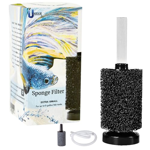 UNEAK Extra Small Aquarium Sponge Filter Fish Tank Silent Filteration Breeding Fry Betta Shrimp Nano Tank Accessories Air Stone 4-inch Airline Tubing up to 5 Gallon - size: Extra Small