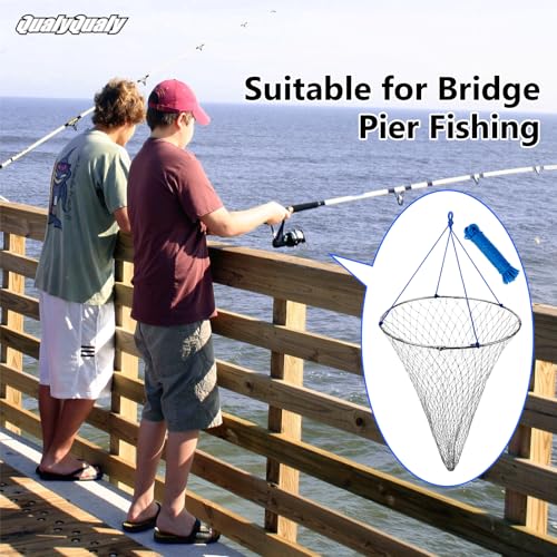 QualyQualy Foldable Pier Fishing Net 23" with Rust-Proof Stainless Steel Ring & Heavy-Duty Poly Mesh | Saltwater & Freshwater Landing Net for Kayak, Bridge Fishing Lightweight Durable Design - color: Gray, size: Without Handle
