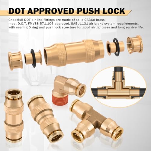 CheeMuii 156 PCS Brass DOT Air Line Fittings with 4 Roll 100FT 1/8" 1/4" 3/8" 1/2" DOT Air Lines Kit Push Lock Air Fitting Quick Connect Air Fittings with Air Hose Pneumatic Tubing - size: 100FT-4ROLL-152PCS