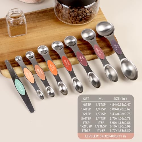 ChefAide Pack of 8 Stainless Steel Magnetic Measuring Spoons Set, Dual Sided, Stackable, Adjustable Teaspoon and Tablespoon Measure Spoon with Leveler, Kitchen Gadgets - color: Multicolor-3, size: Magnetic Measuring Spoons