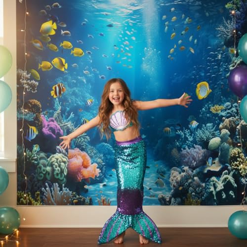 Under The Sea Backdrop 12x8ft Ocean Backdrop Underwater World Colorful Tropical Fish Coral Aquarium Deep Sea Sunlight Photography Background Birthday Under The Sea Party Decorations Photo Props - color: Blue2, size: 12x8ft