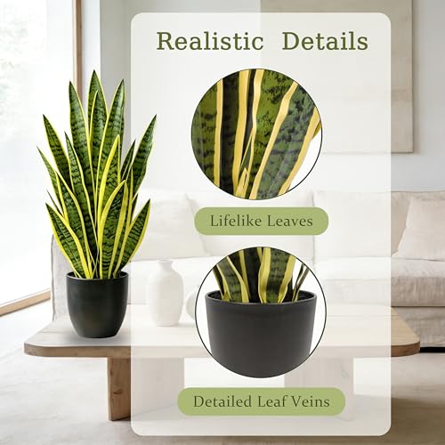 Artificial Snake Plant 2.3FT-2PCS, 27'' Sansevieria Plant with Black Pot, Low Maintenance Mother-in-Law's Tongue for Home Decor Indoor Outdoor, Desk Corner Office Hotel Garden(Yellow-2Pack) - color: Yellow-27in (2 Pack)