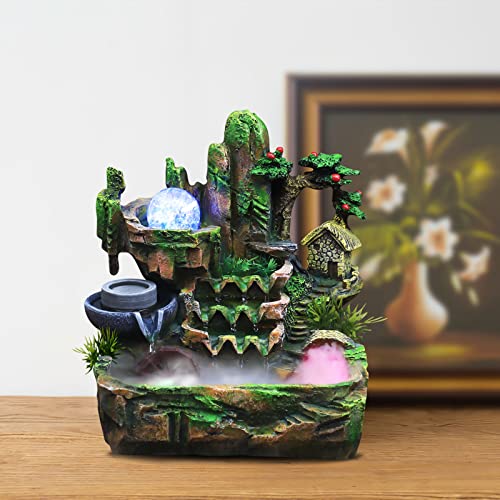 Indoor Rockery Waterfountain, Desktop Fountain Waterfall with 3-Color LED, Atomizing Humidifier and Rotating Ice Crack Ball, Ideal Decor for Study Tea House Restaurant Office Living Room (A) - size: A