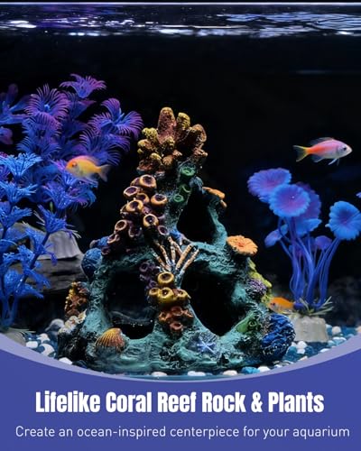 Uniclife Aquarium Decor, Fish Tank Decorations, Realistic Resin Coral Reef Rock Ornament & Plants Set for Fish Tank Decor, Colorful Aquarium Cave Decorations for Freshwater & Saltwater Tanks - style: Green Coral Tower + Purple Seaweed