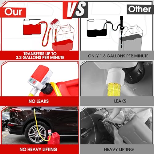 anngrowy Fuel Transfer Pump Battery Powered with Auto-Stop, Gas Can Pump Transfer with 4 Adaptors, 3.2 GPM, 51" Hose, Portable liquid Transfer Pump for Oil, Gasoline, Diesel, Kerosene, Gifts for Him - style: Auto Stop