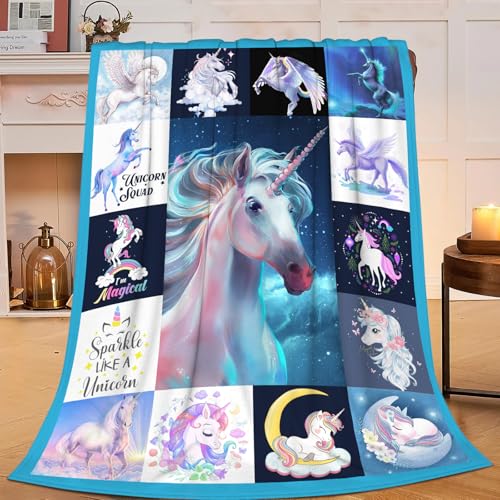 Unicorn Blanket for Girls Kids Women Adults Soft Cozy Flannel Fleece Blue Fantasy Unicorn Throw Blanket Gifts Warm Fluffy Plush Decor for Couch Sofa 80"x60" - color: Blue Unicorn, size: 80"x60"