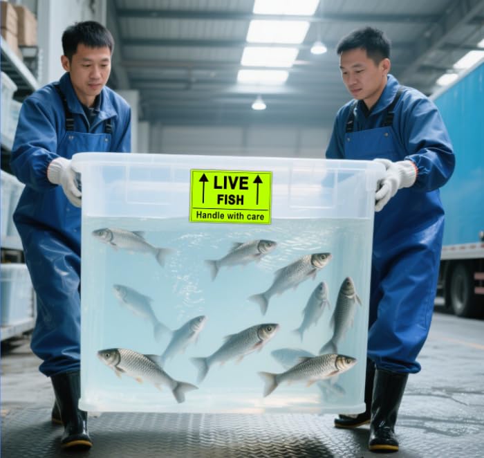 Remarkable Live Fish Stickers Shipping Labels, 2 X 3 Inch Fluorescent Green Please Handle with Care Stickers - 250 Adhesive Labels Per Roll