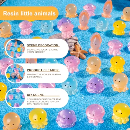 60 pcs Mini Resin 6 Styles Ocotopus Tiny Luminous Animals Figures Miniature Little Small Animal Figurines Bulk for Micro Fairy Garden Landscape Accessories Hide Crafts Decor Aquarium - color: Octopus-60p