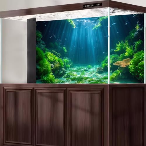 Underwater World Aquarium Background Colorful Coral Reef Aquatic Plants Fish Tank Background Under The Sea Marine Life Sunray Terrarium Backgrounds Ocean Floor Scene Reptile Tank Backgrounds 24x12in - color: Pale_Green, size: 24(W)x12(H)in