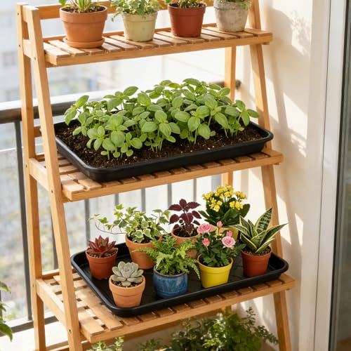 4 Pack Nursery Potting Trays, Plastic Seedling Starter Tray with No Drain Holes Reusable Easy Watering Flat Garden Plant Growing Tray for Planting Indoor Greenhouse Germination