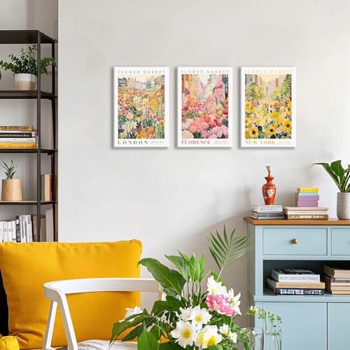 XLARTMY Flower Market Wall Art Print Canvas Framed Yellow Pink Floral Paintings Colorful Botanical Sunflower Artwork Travel Poster for Decor Picture 3 pieces for Living Room Bedroom Bathroom 16x24in - color: Flower Market-2, size: 16x24in Canvas