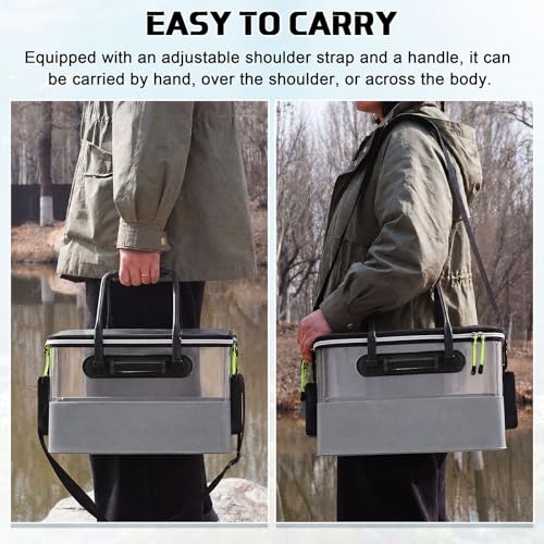 3 Pcs Fishing Bucket, Live Bait Aerator and Fishing Cast Net with Heavy Duty Sinker Foldable Live Bait Bucket Portable Quiet Aerator Fish Transport Container Outdoor EVA Bag - color: Gray