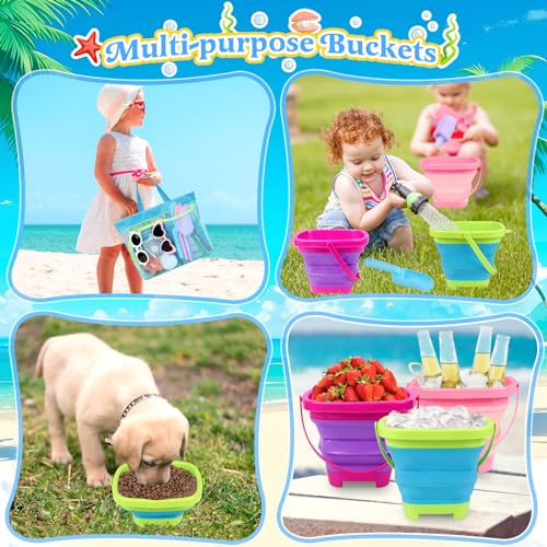 Collapsible Beach Buckets for Kids, Foldable Sand Buckets and Shovels with Mesh Bag, Silicone Sand Pails Travel Beach Toys for Toddlers Easter Egg Hunt, Camping and Fishing Water Pail - style: 3 Buckets