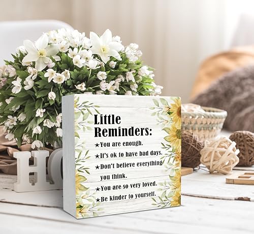 SRADMO Inspirational Little Reminders Wood Box Sign Desk Decor, Inspirational Desk Decor, College Motivational Positive Affirmation Gifts Box Sign For Office Home Dorm Tabletop Decoration(Yellow) - color: yellow, size: 5″×5″