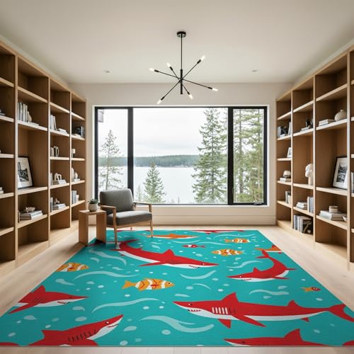 9'x12' Washable Flatwoven Rug, Red Contemporary Shark Stain Resistant Massive Carpet for Dining Room, Basement, Large Office, Non-Slip Chair-Friendly Mat | Ref:2070035 - color: Blue/Pattern 12, size: 9' x 12' (Rectangular)