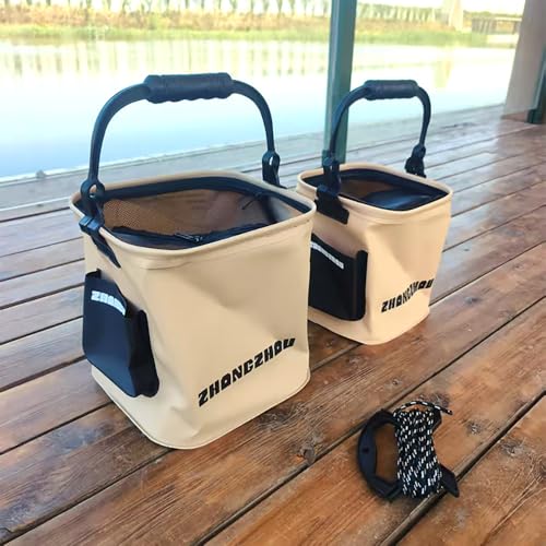 Collapsible Fishing Bucket 2.11 Gallon/8L - Portable Folding Live Bait Bucket with Aerator Pocket, Rope & Net for Live Fish & Shrimp, Kayak, Camping, Hiking (Small) - size: 2.11 Gallon (8L)