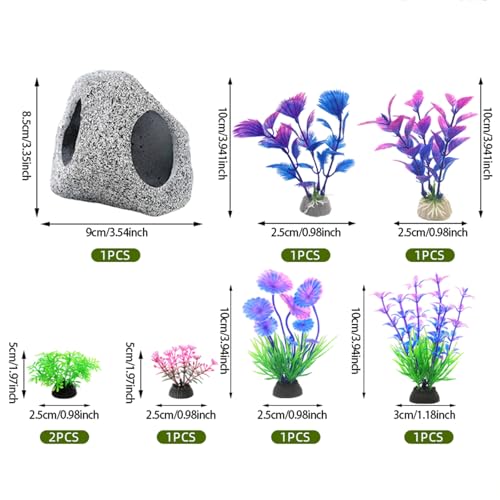 Fish Tank Decorations Set, Aquarium Decor Hideaway Rock Cave x 1pc, Decor Accessories Aquatic Plants x 6pcs.