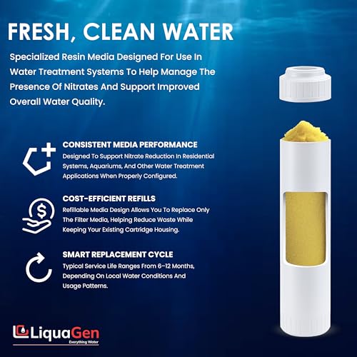 LiquaGen Nitrate Reduction Water Filter Cartridge – Strong Base Anion Resin, Reusable & Refillable, Universal 2.5x10, 2.5x20, 4.5x10, 4.5x20 – Whole House & Aquarium RO/DI (2, 2.5" x 10") - size: 2.5" x 10"