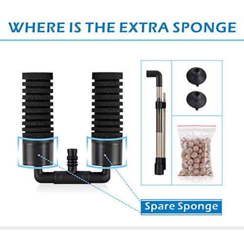 hygger Sponge Filter, Aquarium Filter Double Sponge Replaceable Media with 4 Biochemical Sponges and 1 Bag of Filtered Ceramic Balls Ultra Quiet Filter Fish Tank (S/M) - size: S for 10 to 40-gallon tank