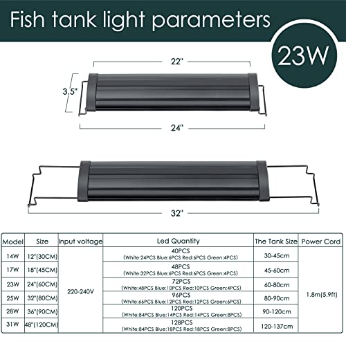 AQQA Aquarium Light,Full Spectrum LED Fish Tank Lights,12"-54" Adjustable Multi-Color White Blue Red Green LEDs with Extendable Brackets,14W-31W for Freshwater Plants (23W (24"-32")) - size: 23W (24"-32")