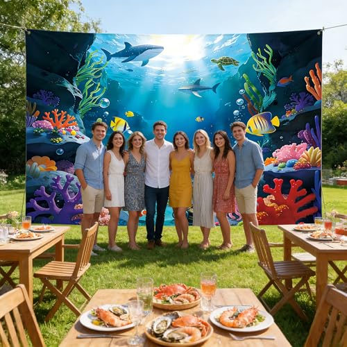 10x6.5Ft Under The Sea Backdrop Polyester Ocean Backdrop Under The Sea Themed Party Decorations for Girls Boys Birthday Party with Ribbon - color: Under The Sea, size: 10×6.5 ft