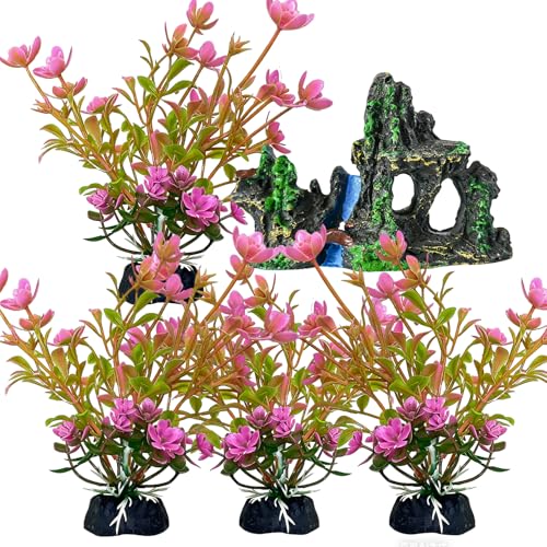 4 PCs Artificial Aquarium Plants with Rock Cave Ornament Set for Betta Fish Tank, Small Aquarium Decor Set, Fish Tank Decorations Accessories for Freshwater Aquarium - size: Small-4Packs