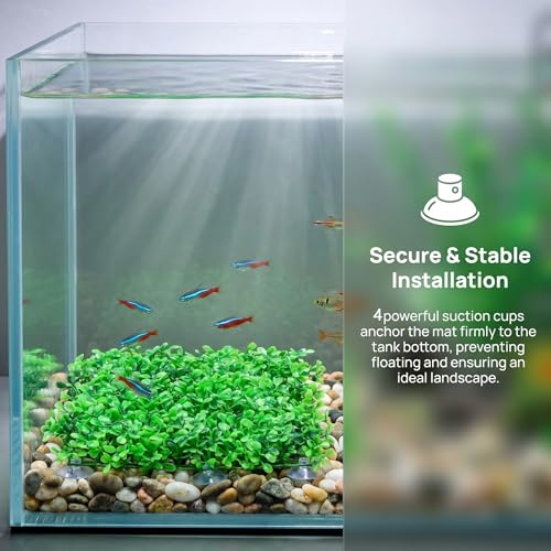 Aquarium Decorations Grass Artificial Plastic Lawn 10 inches Square Landscape Green Plants,Easy to Clean Landscape Ornament Realistic Faux Water Grass,with 8 Pcs Suction Cups