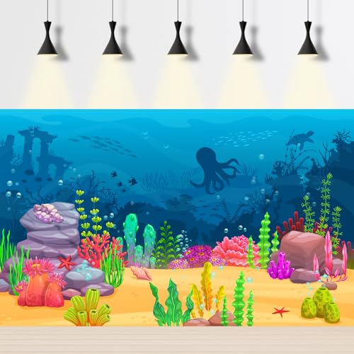 Cartoon Underwater Landscape Aquarium Background Sea Water Animals Ocean Coral Reef Game Level Terrarium Background Blue Waves with Fish Octopus Sea Turtle Ocean Theme Fish Tank Backdrop 24x12in - color: Sea Dark Blue, size: 24(W)x12(H)in