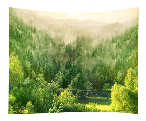WODEJIA Misty Mountain Forest Tapestry, Sunrise Green Landscape Wall Hanging, Large Nature Wall Art Tapestry for Bedroom Living Room Dorm Decor（79“x59 Inches） - color: Mist Forest, size: 79"L x 59"W