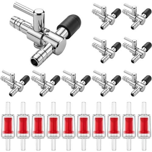 10 Pack Single Way T Shaped Air Flow Control Lever Valve Aquarium Stainless Steel with 10 Pcs Plastic One Way Non Return Valve for Air Pumps Fish Tank Multi-Port Distributor Splitter