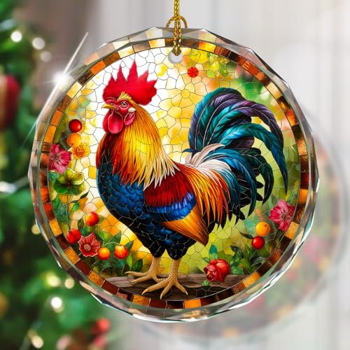 Chicken Stained Glass Ornament, Christmas Tree Decorations, Holiday Present Ideas, Gift Exchange - color: Rooster