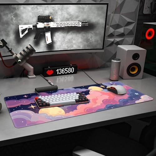 Cute Mouse Pad Kawaii Large Desk Mat Extended Keyboard Mouse Pad Pink Purple Cloud Mousepad with Non-Slip Base and Stitched Edge Gaming Mouse Mat Desk Pad 31.5 x 11.8 Mouse Pads for Desk Home Office - color: Colorful Clouds
