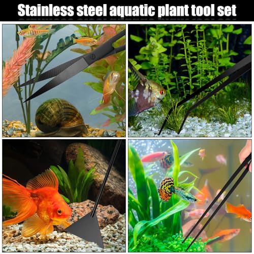 15Inch Extra Long Design Aquarium Aquascaping Tool Stainless Steel Aquascape Tools Kit 4 in 1 Anti-Rust Fish Tank Starter Kit with Long Tweezers Scissors Spatula for Aquarium Plants (Black) - color: Black