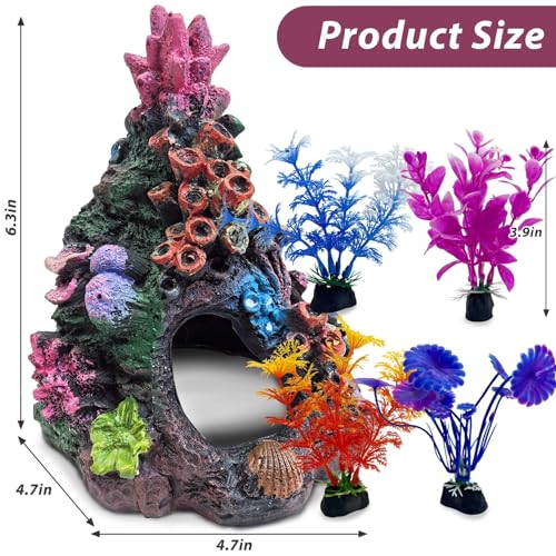 PINVNBY Colorful Coral Small Fish Tank Decorations with 4PCS Artificial Aquarium Plants, Resin Mountain Ornament for Goldfish Betta Fish Tank Cave Hideout Sleep Rest Play Breed - size: L，4 PCS water plants