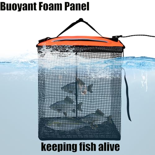 Cedilis Large Floating Fishing Basket for Live Caught Fish, Foldable Floating Fish Net Cage, Collapsible Nylon Mesh Fishing Bag Bait Pen, Portable,10 Gallons, Easy to Clean