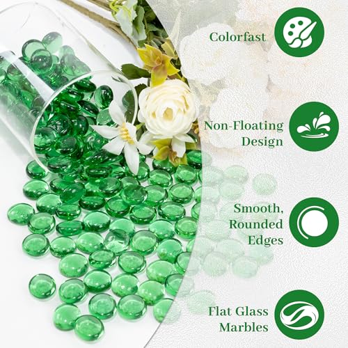 Green Flat Glass Marbles, 0.97 lb Transparent Vase Filler Pebbles Gems, Decorative Glass Beads for Vases, Table Scatter, Crafts, Floral, Mancala Stones, Centerpieces, Aquarium Rocks for Fish Tank - color: Green