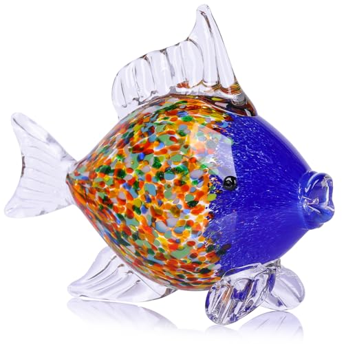 Colorful Blown Glass Fish Figurine – Blue Art Animal Sculpture for Ocean Coastal Home Decor, Handcrafted Glass Fish Ornament for Tabletop, Shelf, or Aquarium Theme Display (G)
