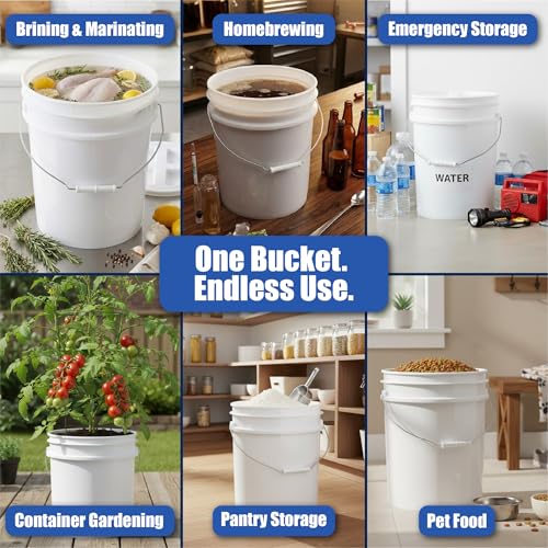 ePackageSupply 5 Gallon Bucket - Food Grade Bucket with Airtight Gasketed Tear Strip Lid, BPA-Free, Heavy-Duty 90 Mil HDPE Plastic Pail, Bulk Storage, Durable Container, Made in USA - White, 6 Packs - size: 6 Packs
