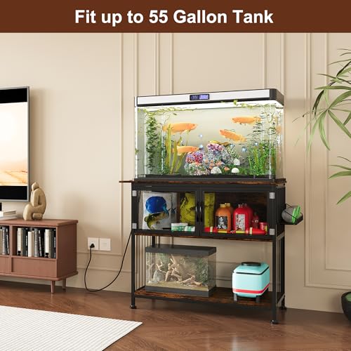 TQVAI 40-55 Gallon Fish Tank Stand with Power Outlets, Heavy Duty Aquarium Stand with Cabinet Storage Fish Tank Accessories, Large Reptile Terrarium Tank Stand, Black/Vintage - size: 40-55 Gallon