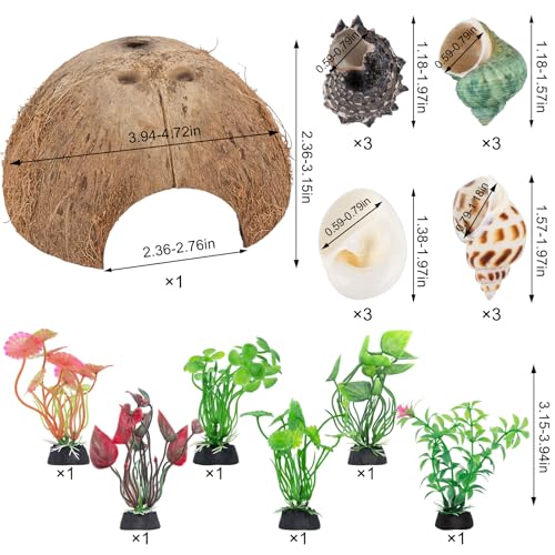 SINKOO Hermit Crab Shells Natural Coconut Shell Hut Artificial Plants 19 PCS Decoration Supplies House Tank